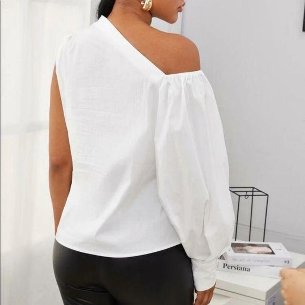 Trendy one shoulder white puff sleeve top - Picture 4 of 5